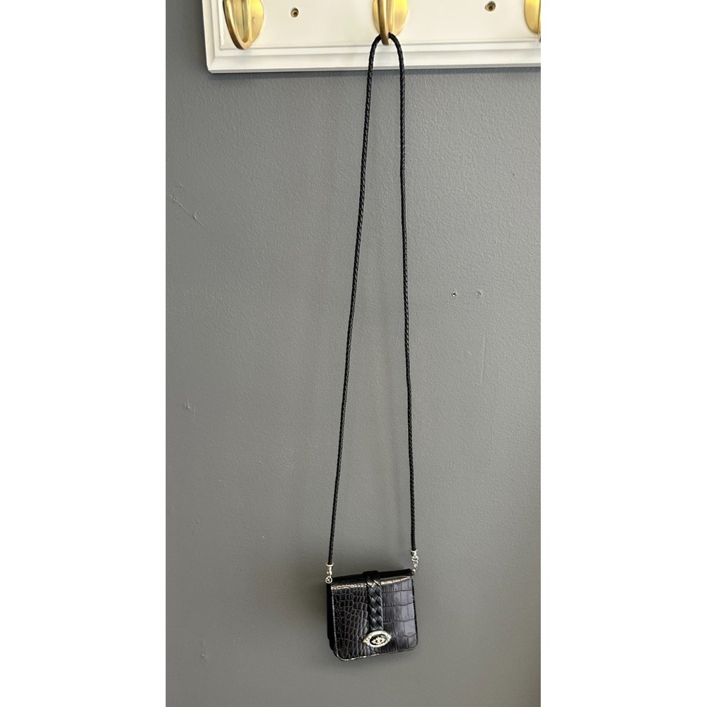 Vintage Brighton‎ Mini Crossbody Wallet Organizer Pebbled Black Leather Braided - Picture 10 of 10